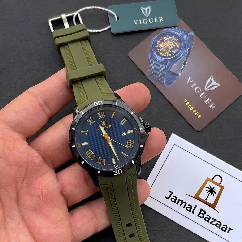 VIGUER Men’s Sport Luxury Quartz Watch – Olive Green Silicone Strap & Navy Blue Dial