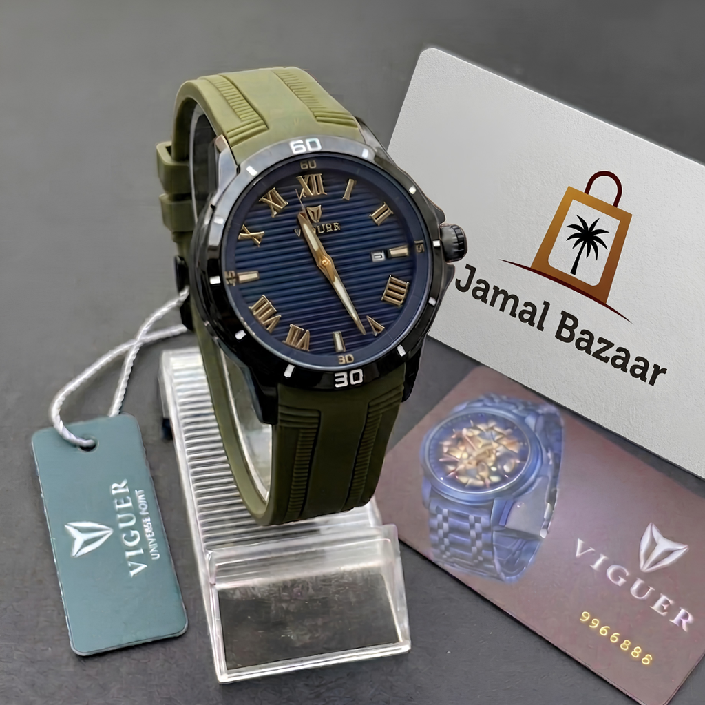 VIGUER Men’s Sport Luxury Quartz Watch – Olive Green Silicone Strap & Navy Blue Dial