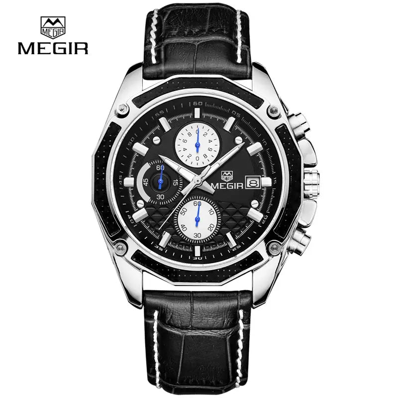 MEGIR 2015 Men Quartz Watch Reloj Montres Homme Leather Strap Analog Chronograph Calendar Wrist Watches Sport Wristwatch for Man