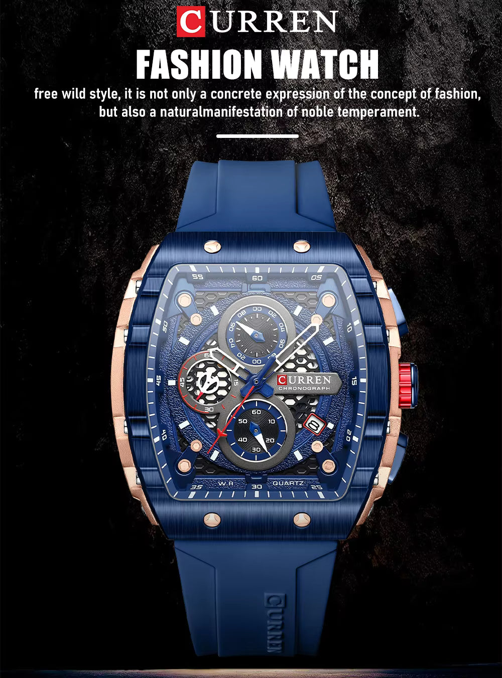 CURREN 8442 Luxury Tonneau Quartz Watch for Men - Waterproof 3ATM, Date Calendar Dial, Stylish Executive Design