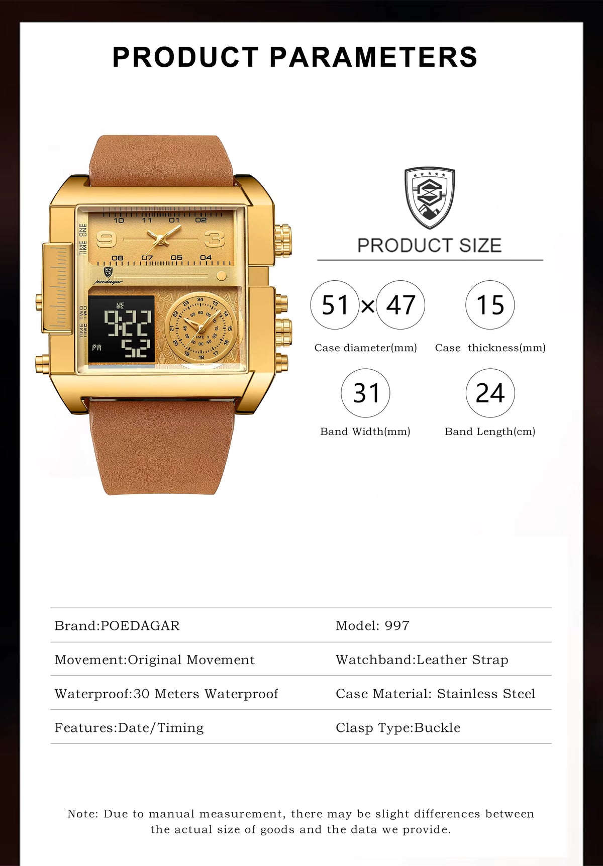 New POEDAGAR 997 Luxury Watch Business Waterproof Male Clock Luminous Date Stainless Steel Square Quartz Men Watch Reloj