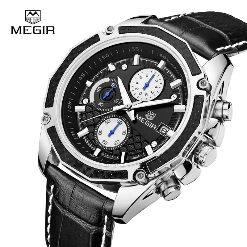 MEGIR 2015 Men Quartz Watch Reloj Montres Homme Leather Strap Analog Chronograph Calendar Wrist Watches Sport Wristwatch for Man