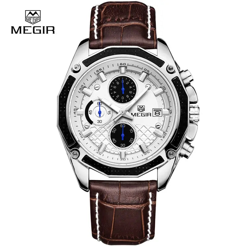 MEGIR 2015 Men Quartz Watch Reloj Montres Homme Leather Strap Analog Chronograph Calendar Wrist Watches Sport Wristwatch for Man