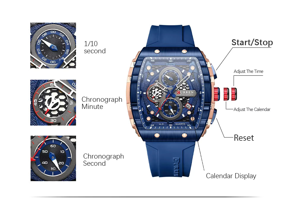 CURREN 8442 Luxury Tonneau Quartz Watch for Men - Waterproof 3ATM, Date Calendar Dial, Stylish Executive Design