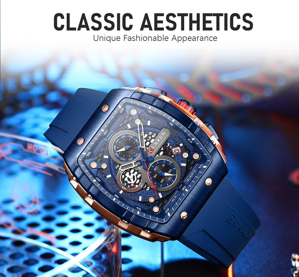 CURREN 8442 Luxury Tonneau Quartz Watch for Men - Waterproof 3ATM, Date Calendar Dial, Stylish Executive Design
