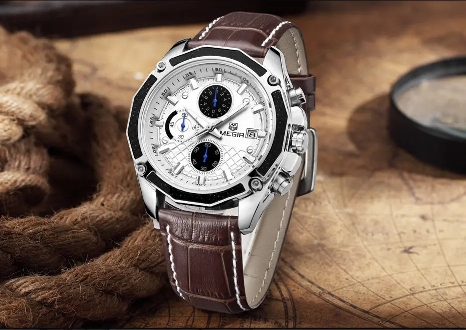 MEGIR 2015 Men Quartz Watch Reloj Montres Homme Leather Strap Analog Chronograph Calendar Wrist Watches Sport Wristwatch for Man