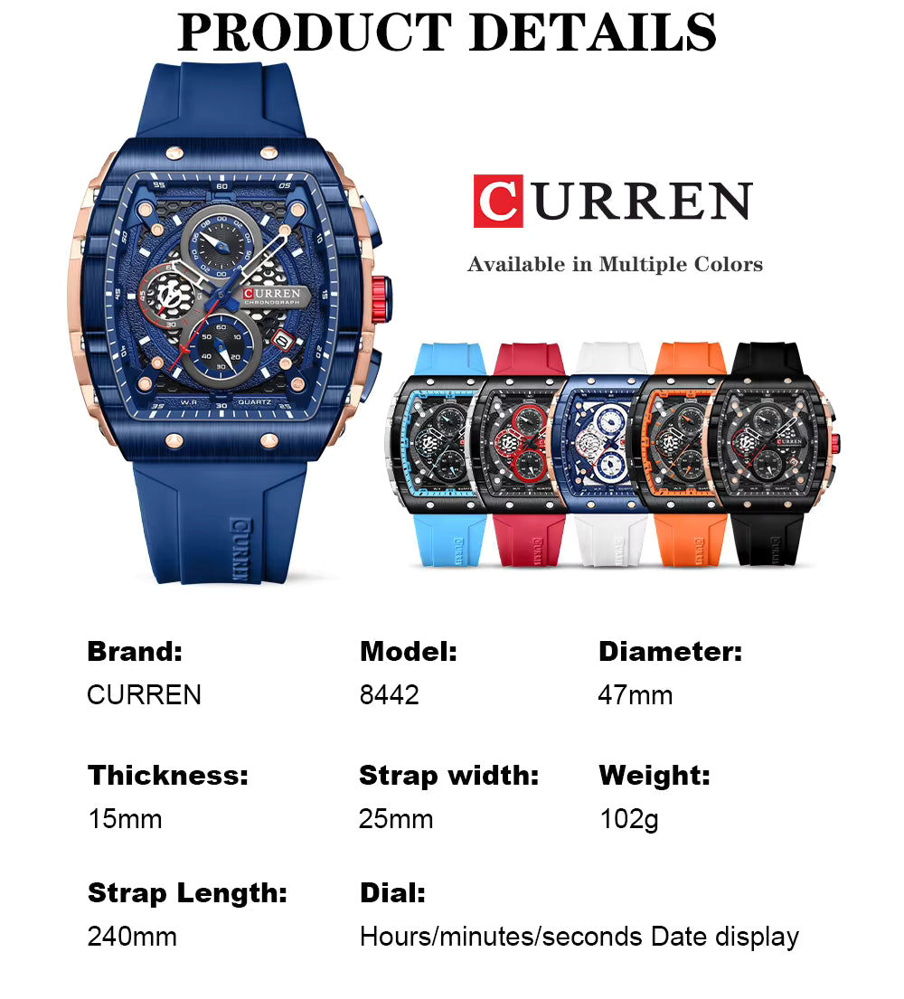 CURREN 8442 Luxury Tonneau Quartz Watch for Men - Waterproof 3ATM, Date Calendar Dial, Stylish Executive Design