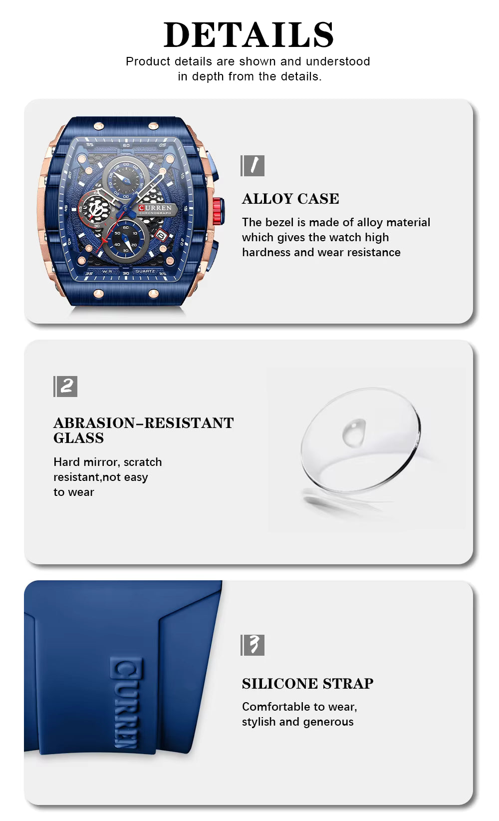 CURREN 8442 Luxury Tonneau Quartz Watch for Men - Waterproof 3ATM, Date Calendar Dial, Stylish Executive Design