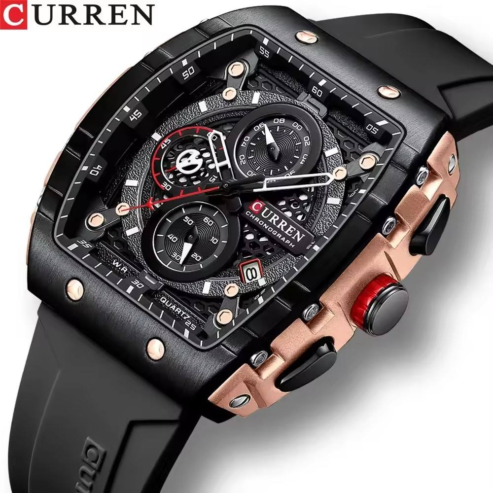 CURREN 8442 Luxury Tonneau Quartz Watch for Men - Waterproof 3ATM, Date Calendar Dial, Stylish Executive Design