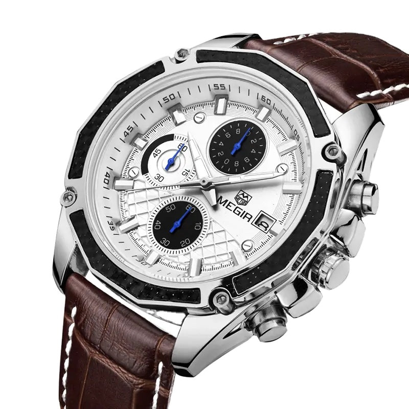 MEGIR 2015 Men Quartz Watch Reloj Montres Homme Leather Strap Analog Chronograph Calendar Wrist Watches Sport Wristwatch for Man