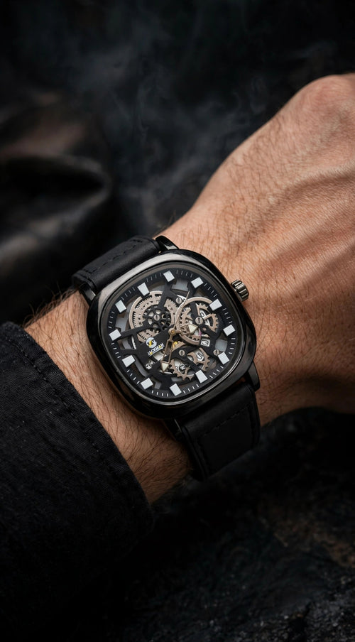 JACKMAN JLAC Premium Black Square Skeleton Watch For Men | Luxury Automatic Look | Leather Strap