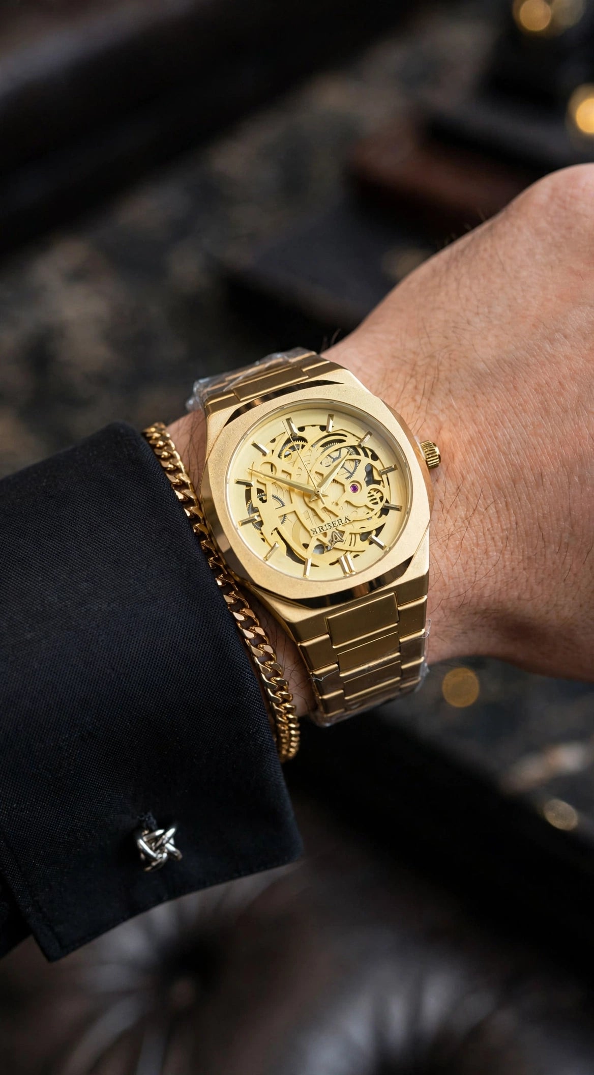 ALI GEEK Luxury Gold Skeleton Watch For Men - Automatic Look | Stainless Steel | Premium Business Watch