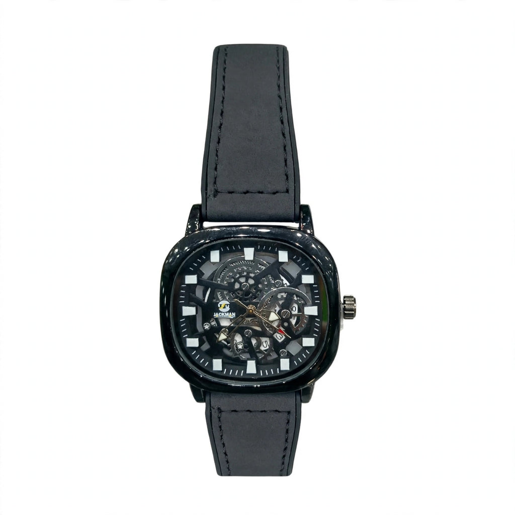 JACKMAN JLAC Premium Black Square Skeleton Watch For Men | Luxury Automatic Look | Leather Strap