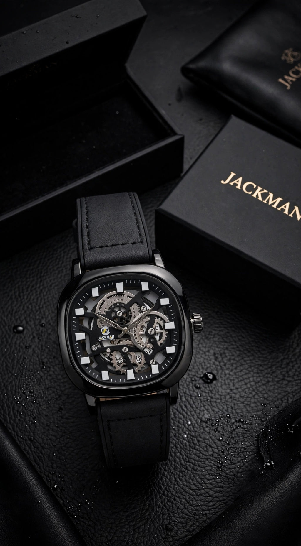 JACKMAN JLAC Premium Black Square Skeleton Watch For Men | Luxury Automatic Look | Leather Strap