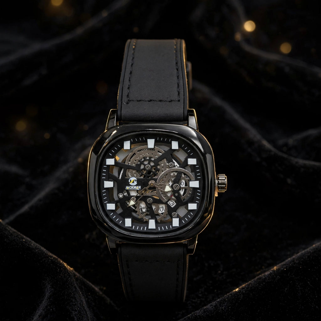 JACKMAN JLAC Premium Black Square Skeleton Watch For Men | Luxury Automatic Look | Leather Strap