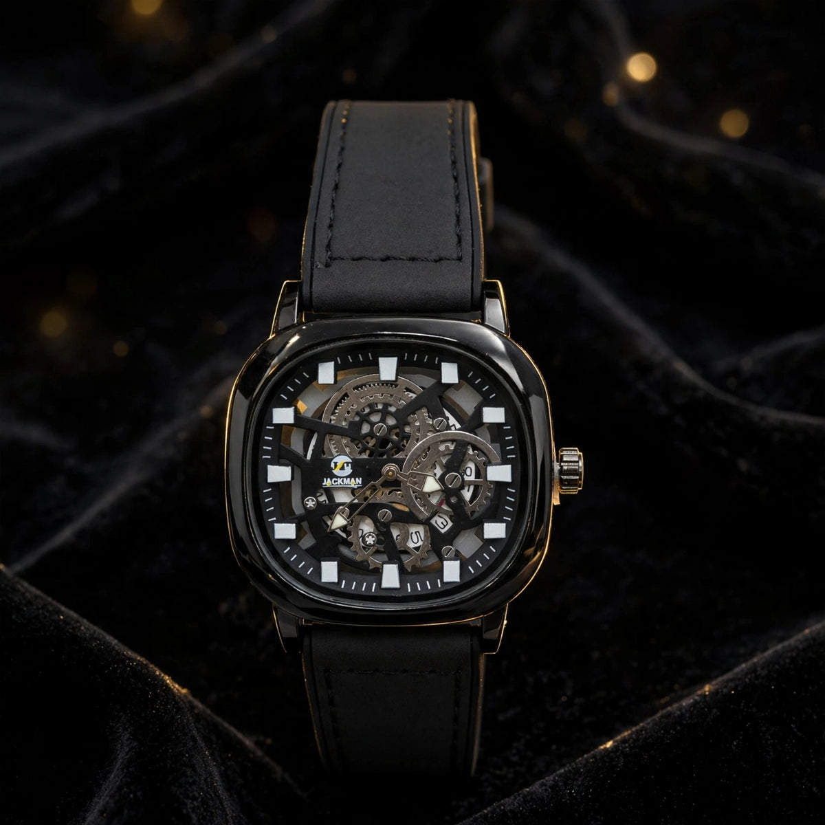 JACKMAN JLAC Premium Black Square Skeleton Watch For Men | Luxury Automatic Look | Leather Strap